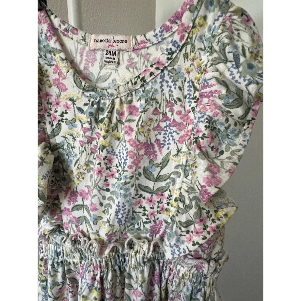 Nanette Lepore Floral Ruffle Dress Smock Waist Flutter Sleeves Pink Sage Green - Picture 4 of 5